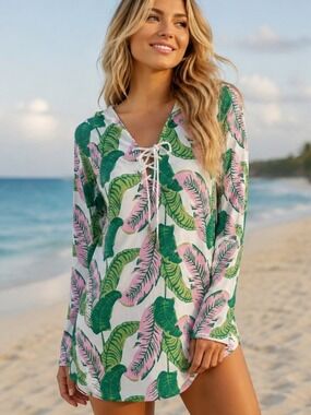 Macbeth Collection by Margaret Josephs Tropical Hooded Cover-Up Dress Large